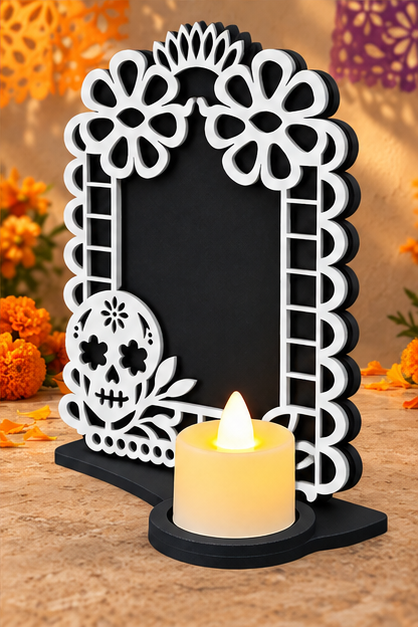 Portarretrato de Día de Muertos con vela LED