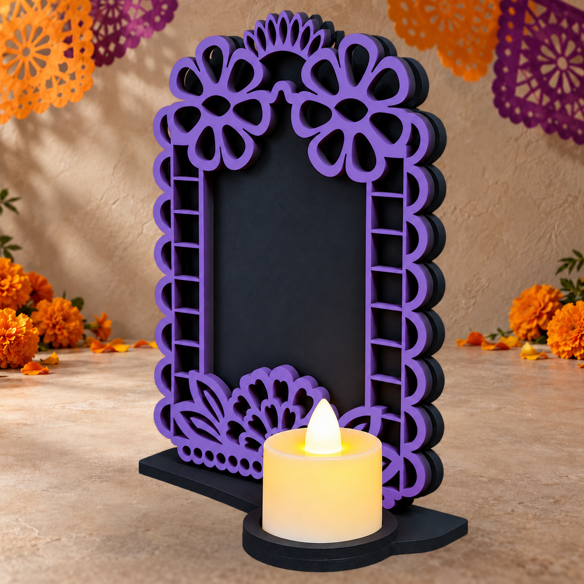 Portarretrato de Día de Muertos con vela LED