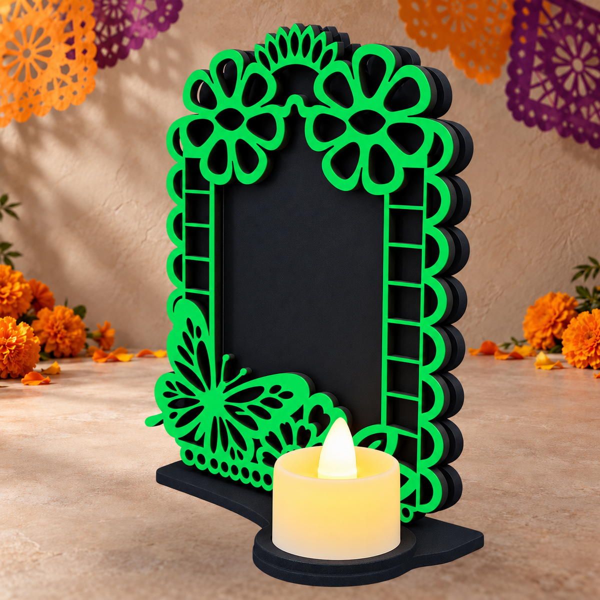 Portarretrato de Día de Muertos con vela LED