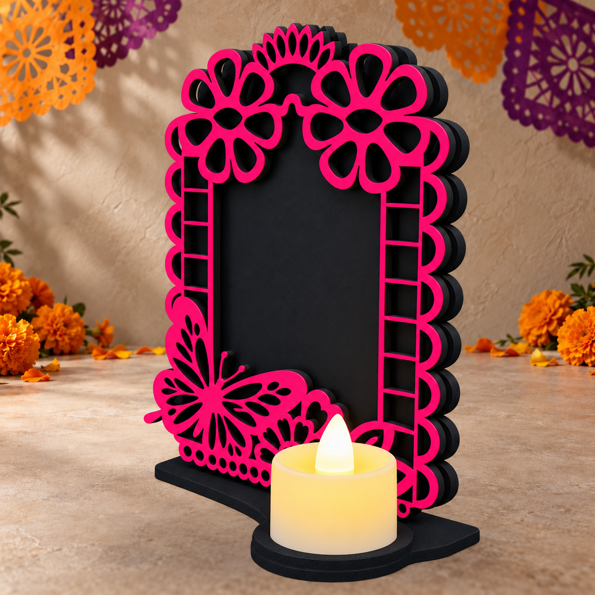 Portarretrato de Día de Muertos con vela LED