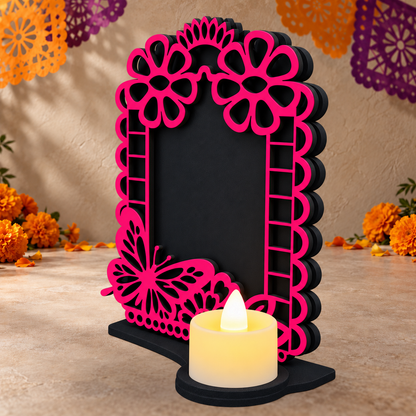 Portarretrato de Día de Muertos con vela LED