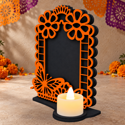 Portarretrato de Día de Muertos con vela LED
