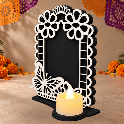 Portarretrato de Día de Muertos con vela LED