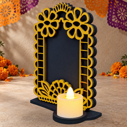 Portarretrato de Día de Muertos con vela LED