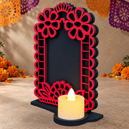 Portarretrato de Día de Muertos con vela LED