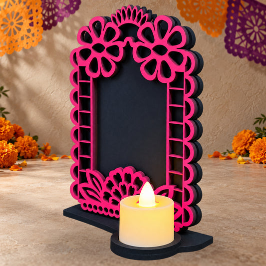 Portarretrato de Día de Muertos con vela LED