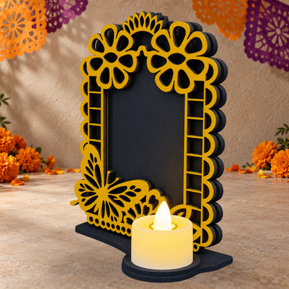 Portarretrato de Día de Muertos con vela LED