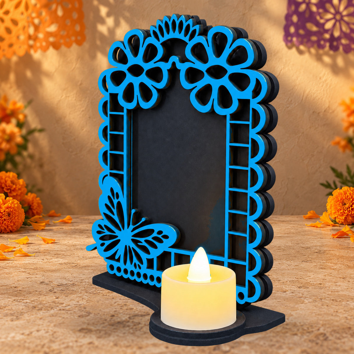 Portarretrato de Día de Muertos con vela LED