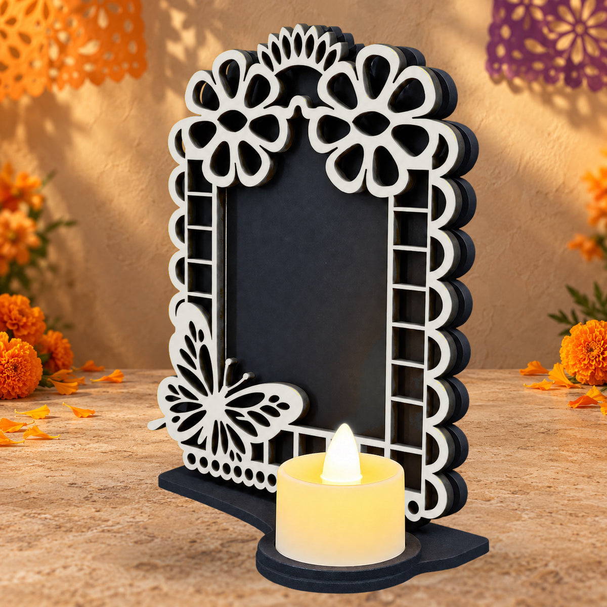 Portarretrato de Día de Muertos con vela LED