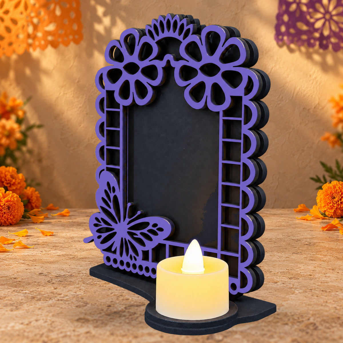Portarretrato de Día de Muertos con vela LED