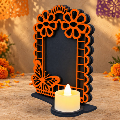 Portarretrato de Día de Muertos con vela LED