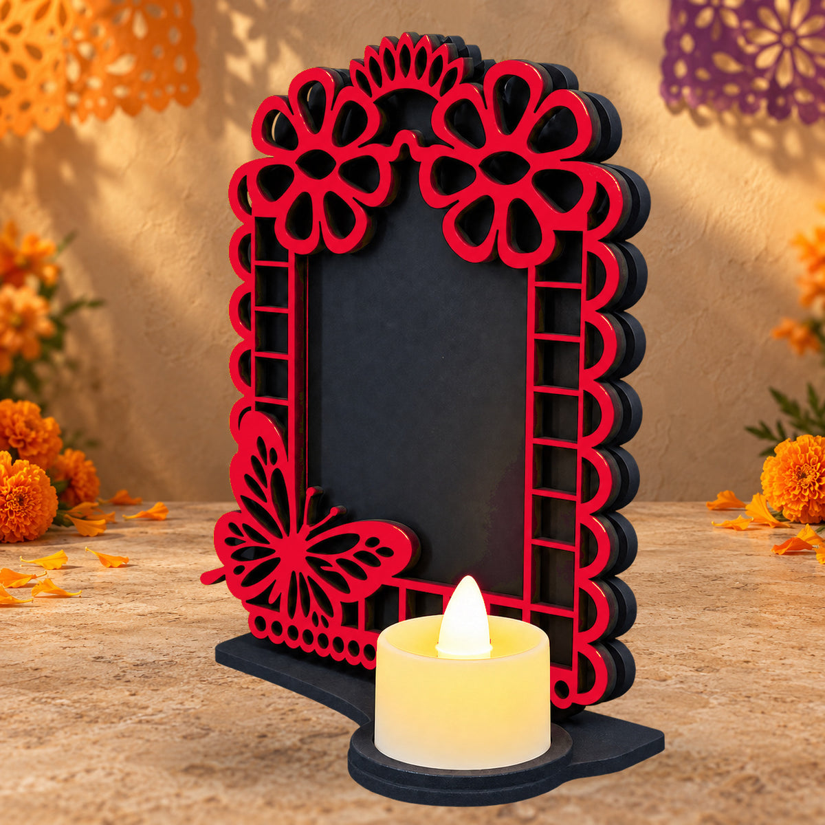 Portarretrato de Día de Muertos con vela LED