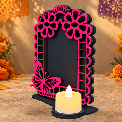 Portarretrato de Día de Muertos con vela LED