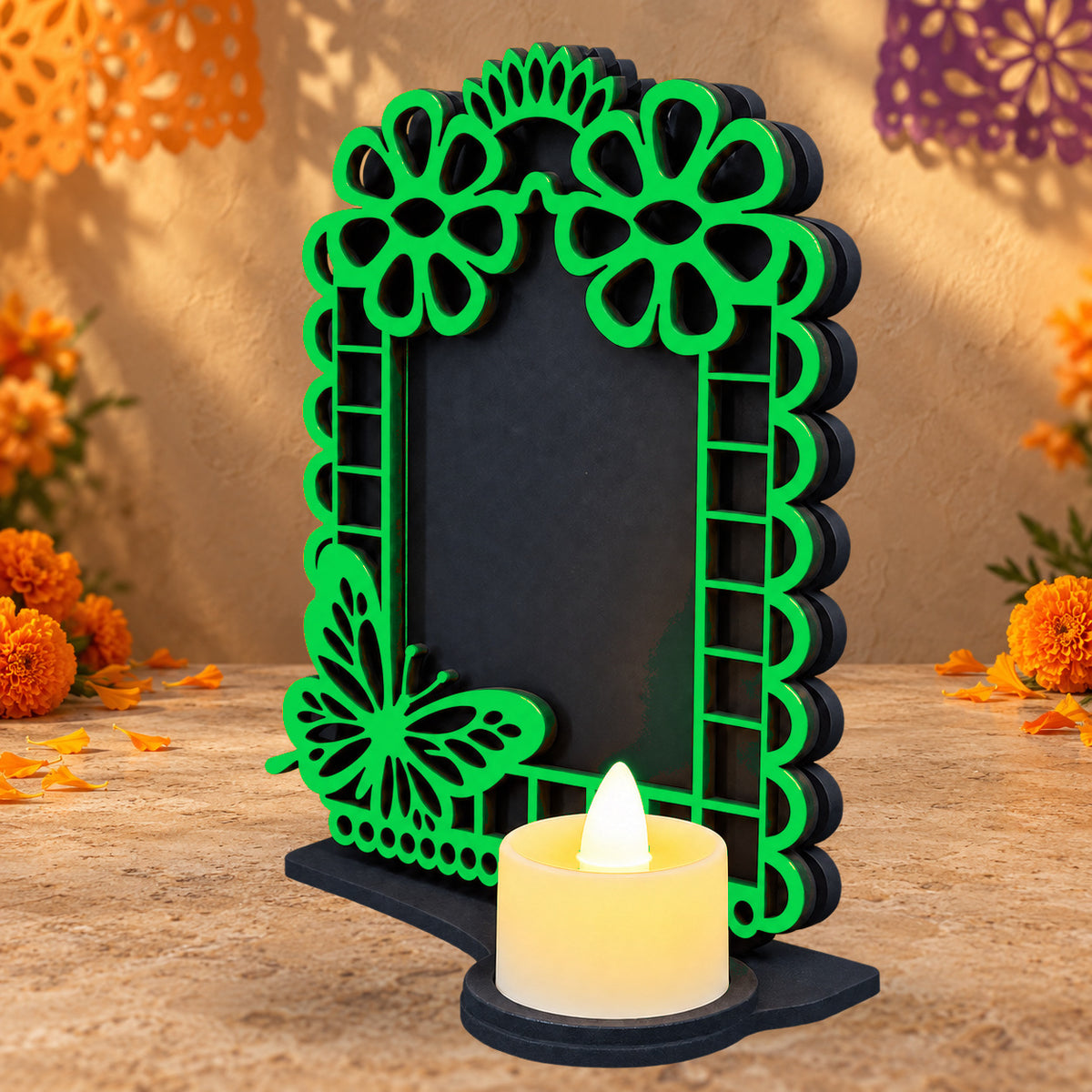 Portarretrato de Día de Muertos con vela LED