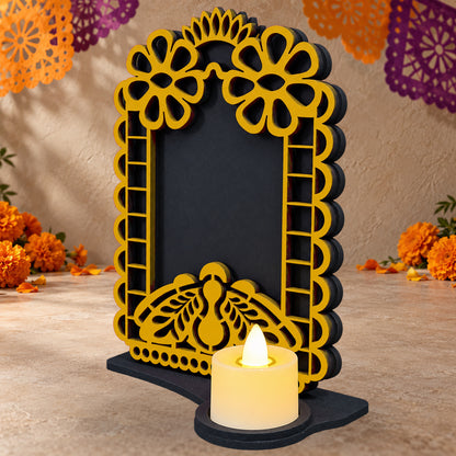 Portarretrato de Día de Muertos con vela LED