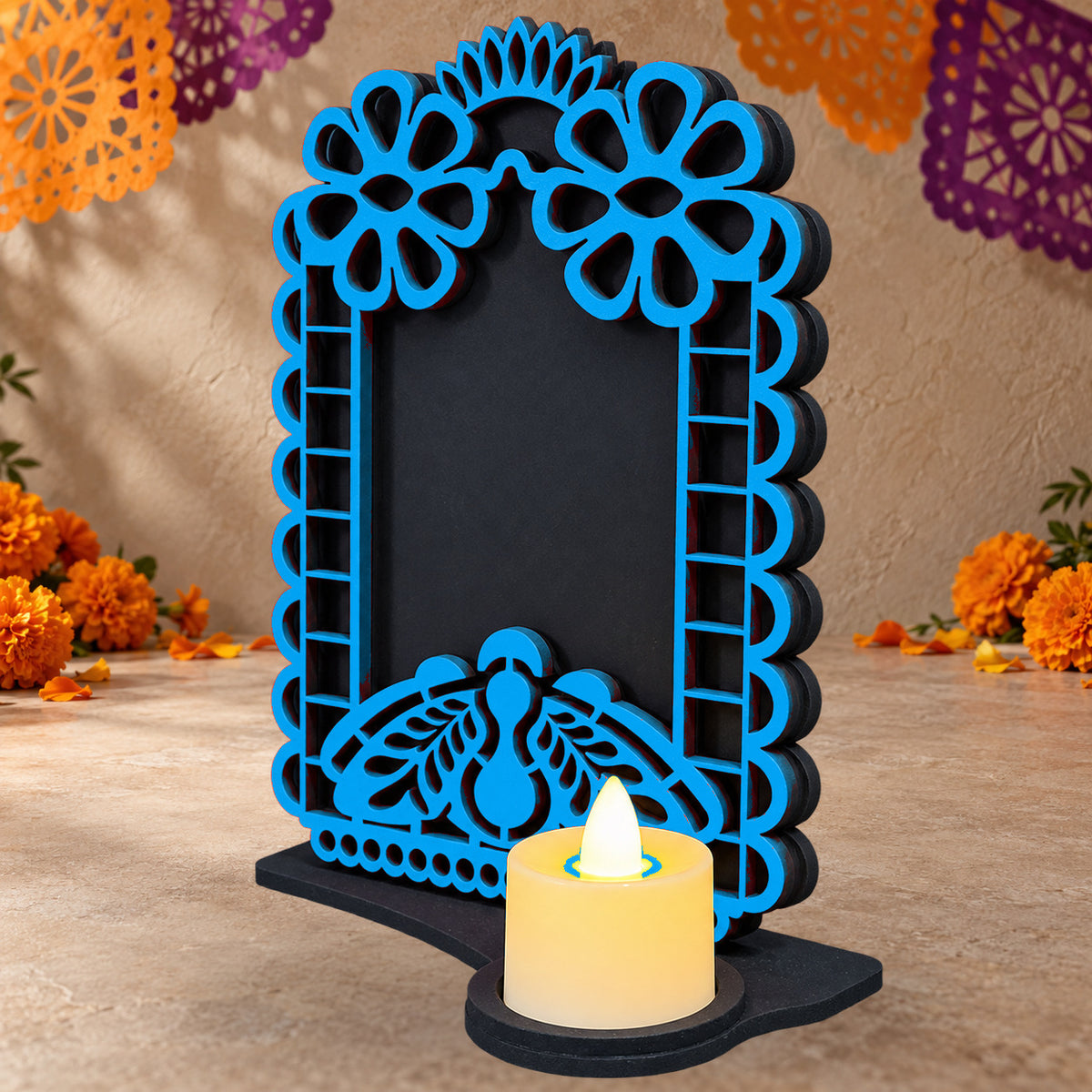 Portarretrato de Día de Muertos con vela LED