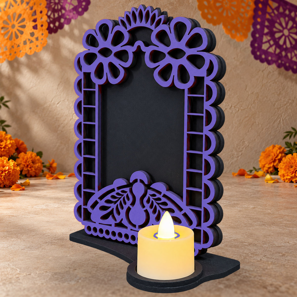 Portarretrato de Día de Muertos con vela LED