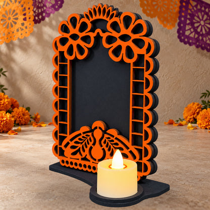 Portarretrato de Día de Muertos con vela LED