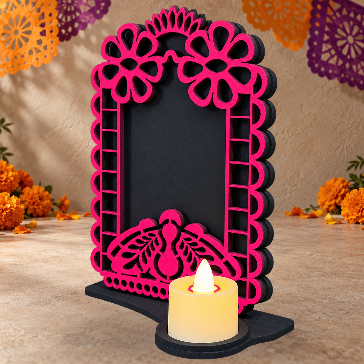 Portarretrato de Día de Muertos con vela LED