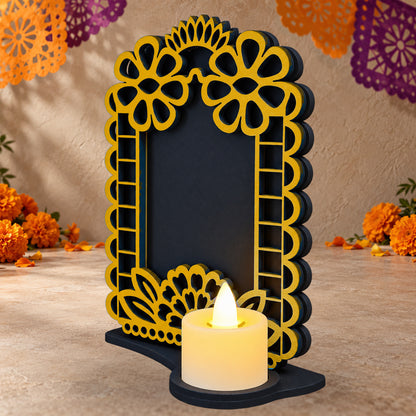 Portarretrato de Día de Muertos con vela LED