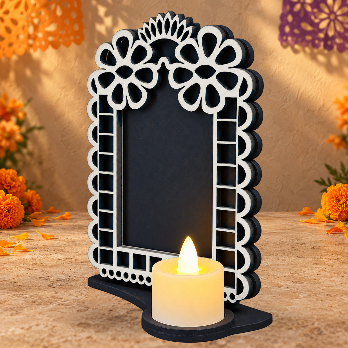 Portarretrato de Día de Muertos con vela LED