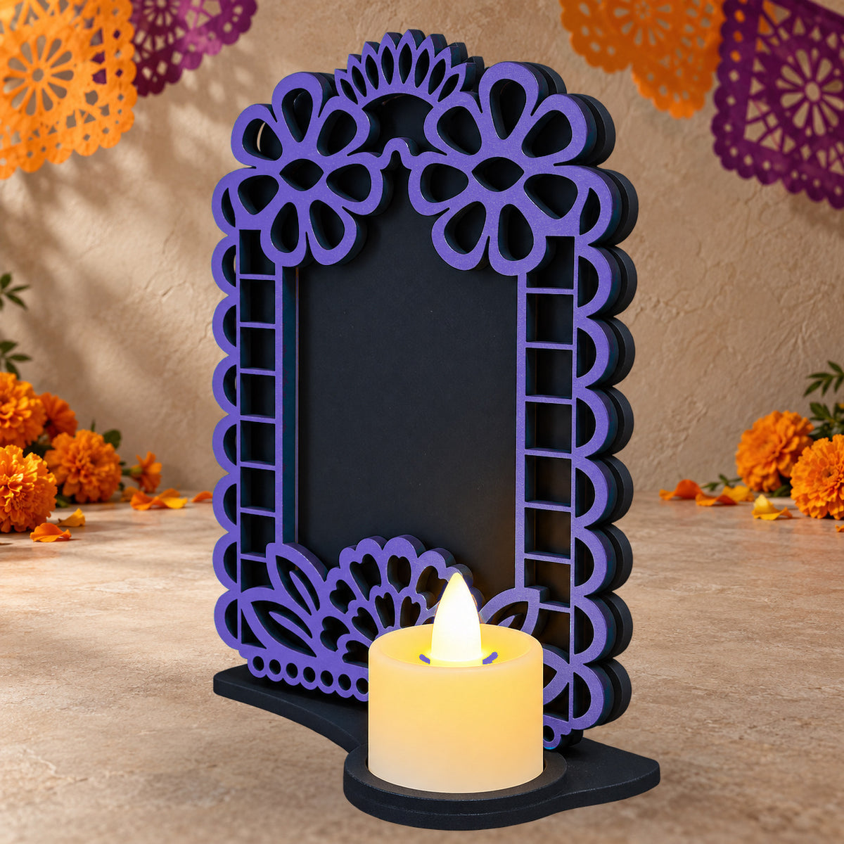 Portarretrato de Día de Muertos con vela LED