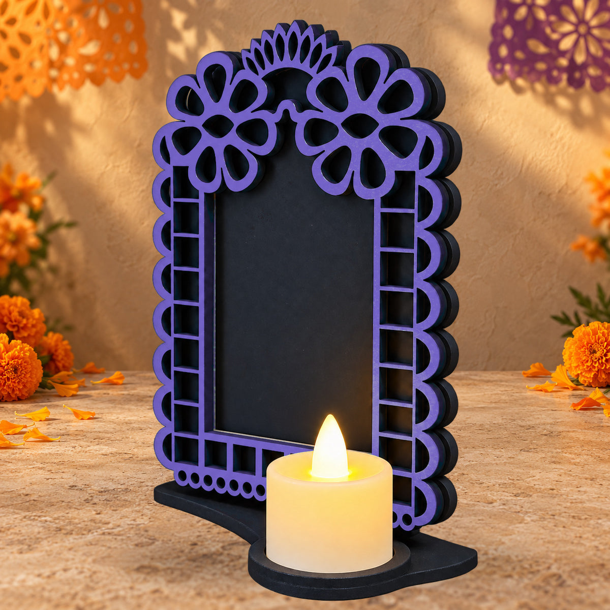Portarretrato de Día de Muertos con vela LED
