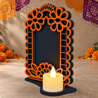 Portarretrato de Día de Muertos con vela LED