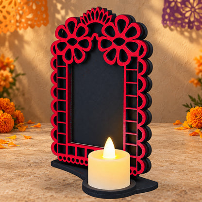 Portarretrato de Día de Muertos con vela LED