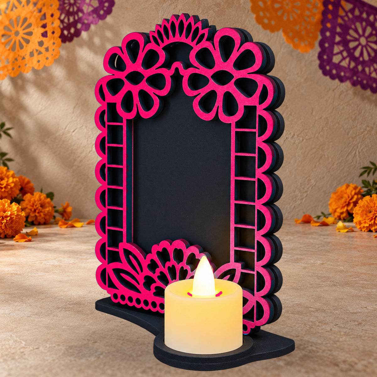 Portarretrato de Día de Muertos con vela LED