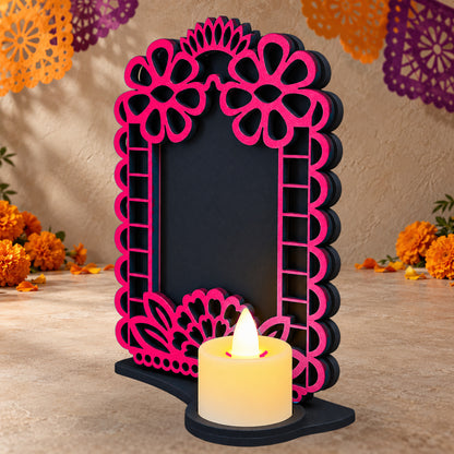 Portarretrato de Día de Muertos con vela LED