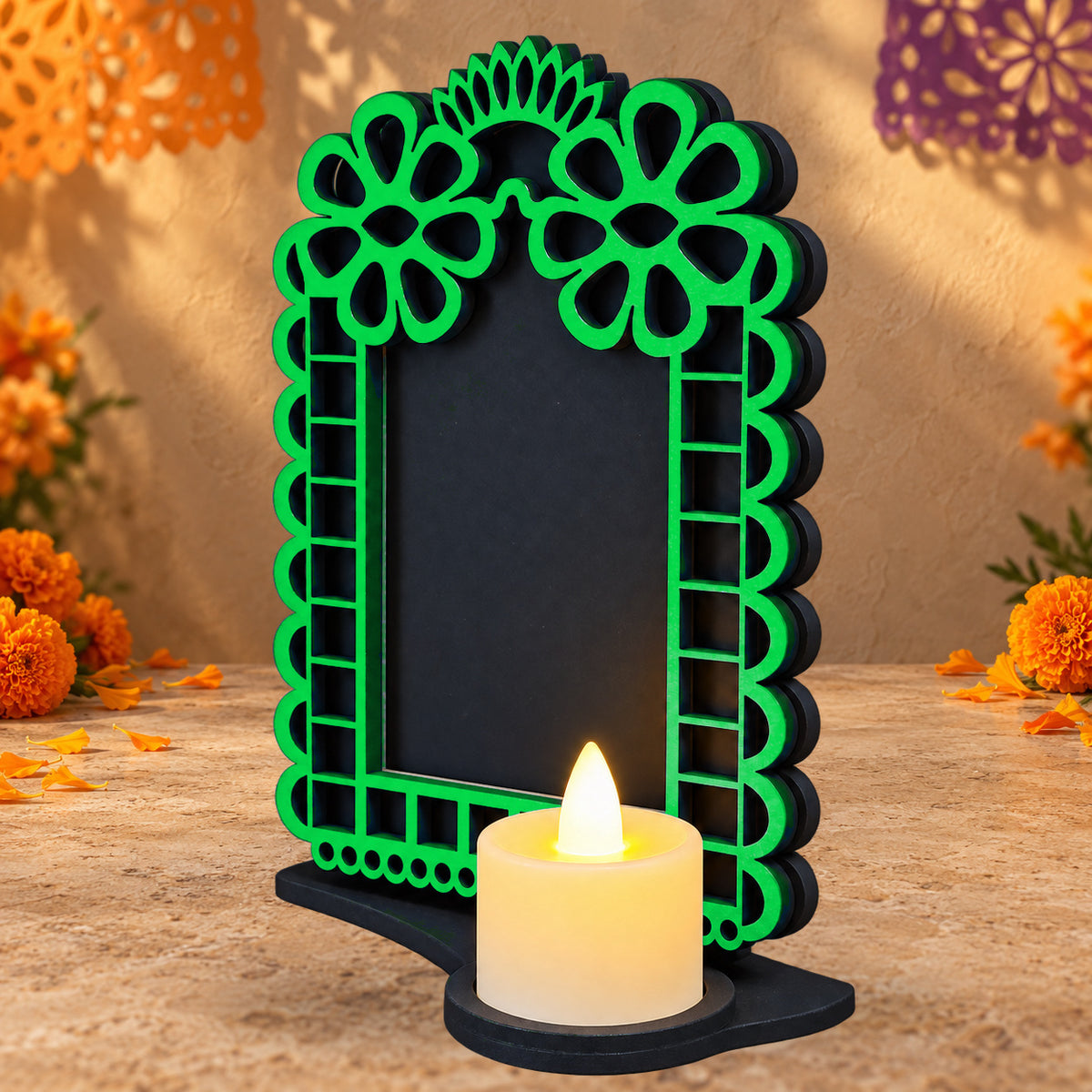 Portarretrato de Día de Muertos con vela LED