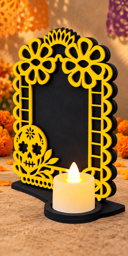 Portarretrato de Día de Muertos con vela LED