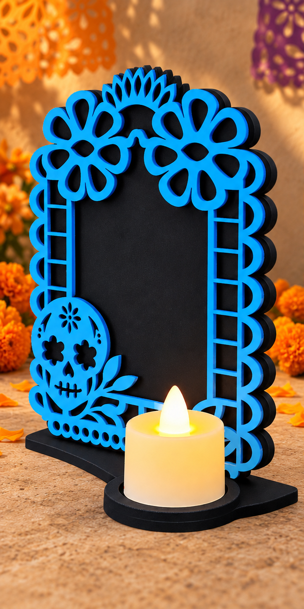 Portarretrato de Día de Muertos con vela LED
