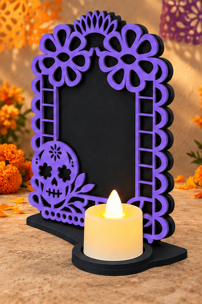 Portarretrato de Día de Muertos con vela LED
