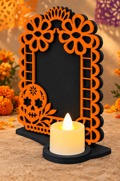 Portarretrato de Día de Muertos con vela LED