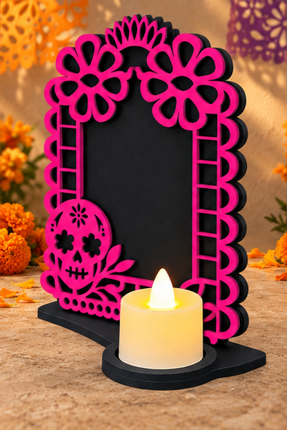 Portarretrato de Día de Muertos con vela LED