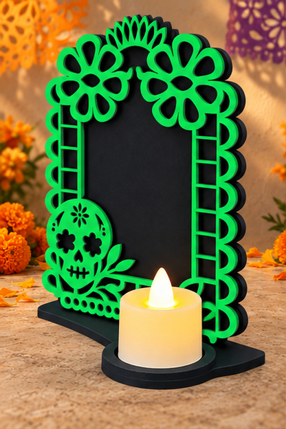 Portarretrato de Día de Muertos con vela LED
