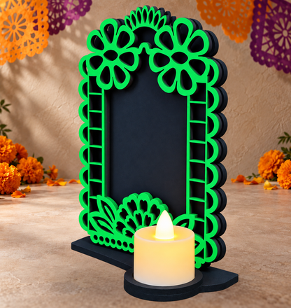 Portarretrato de Día de Muertos con vela LED