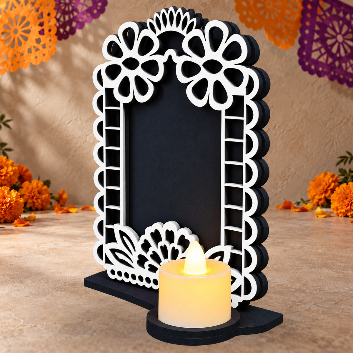 Portarretrato de Día de Muertos con vela LED