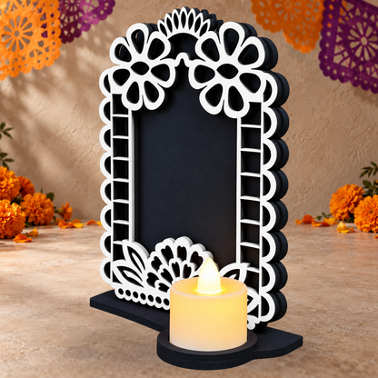 Portarretrato de Día de Muertos con vela LED