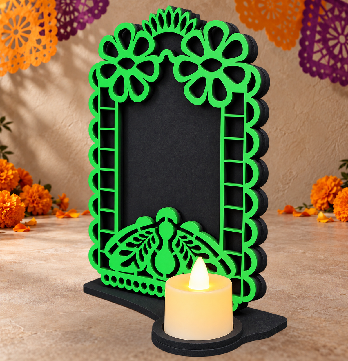 Portarretrato de Día de Muertos con vela LED